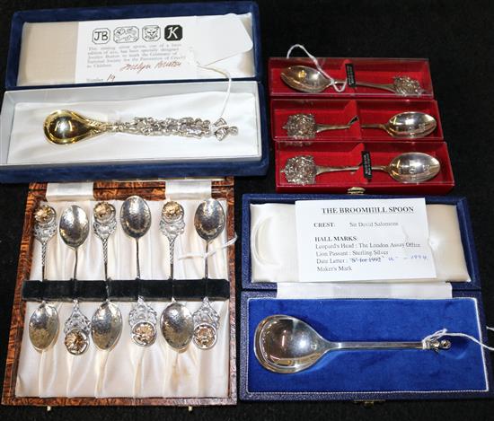 Various comm silver spoons, inc NSPCC, Broomhill etc & a set of 6 Cairngorm-set silver coffee spoons (6)